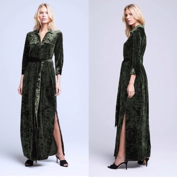 L'AGENCE Dresses & Skirts - L'Agence Cameron Velvet Maxi Shirt Dress Green Size Small Long Sleeve Chic Sexy